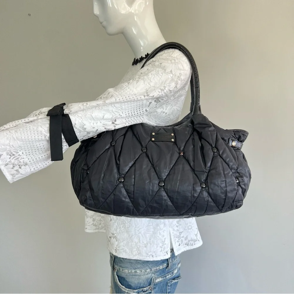 KATE SPADE Stevie Black Quilted Nylon Patent Leather Studded Shoulder Bag Tote